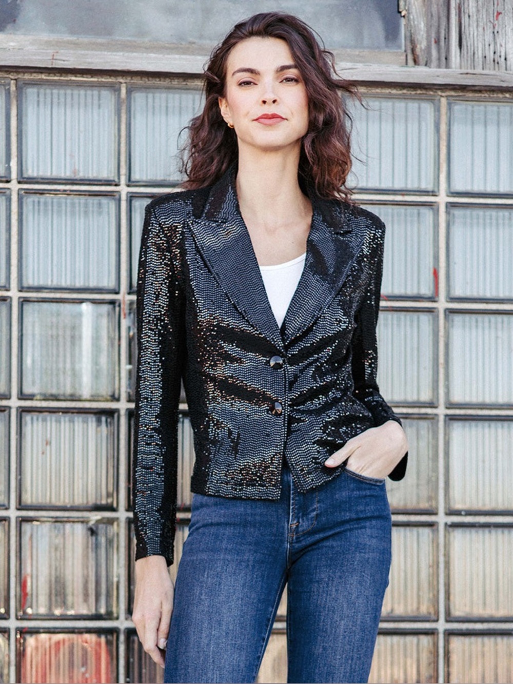 Clara Sun Woo Sequin Knit Modern Button Blazer Black Size XS (4/6)